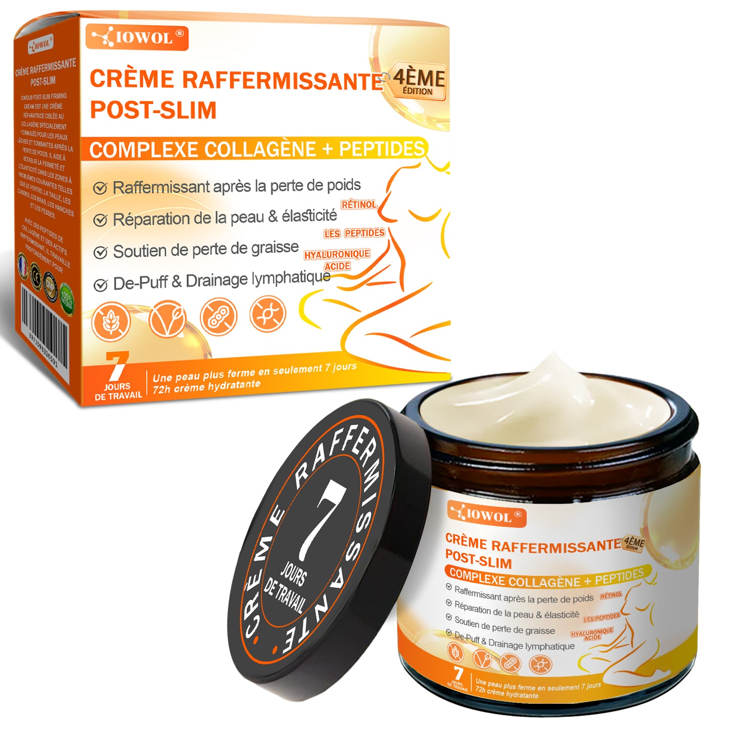 Boutique Officielle | 𝐈𝐎𝐖𝐎𝐋® Crème Raffermissante Post-Amincissement avec GHK-Cu, Argireline & Matrixyl 3000, peptides de collagène et actifs raffermissants pour cibler la peau relâchée et affaissée après une perte de poids.