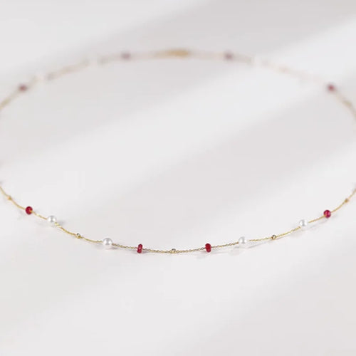 Fine Jewelry 18K yellow natural ruby Freshwater pearl Necklace Pendant Wedding Gift For Women X2004